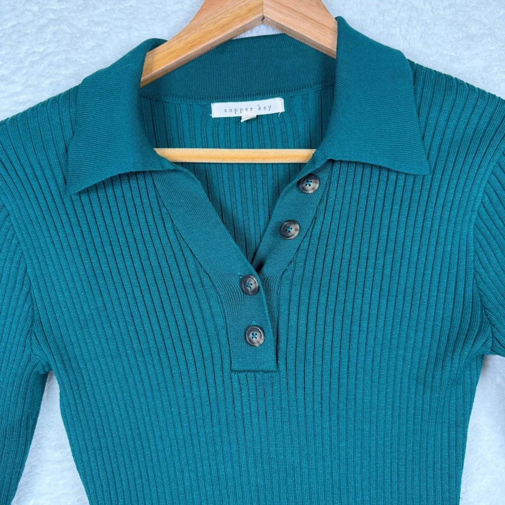 Copper Key Sweater‎ Dress Womens Small Teal Green Ribbed Polo Long Sleeve
